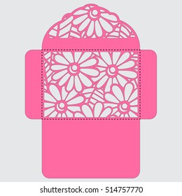 Lasercut vector wedding invitation template. Wedding invitation envelope with flowers for laser cutting. Lace gate folds.Laser cut vector.