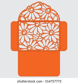 Lasercut vector wedding invitation template. Wedding invitation envelope with flowers for laser cutting. Lace gate folds.Laser cut vector.