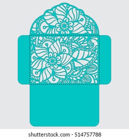 Lasercut vector wedding invitation template. Wedding invitation envelope with flowers for laser cutting. Lace gate folds.Laser cut vector.