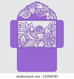 Lasercut vector wedding invitation template. Wedding invitation envelope with flowers for laser cutting. Lace gate folds.Laser cut vector.