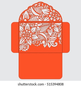 Lasercut vector wedding invitation template. Wedding invitation envelope with flowers for laser cutting. Lace gate folds.Laser cut vector.