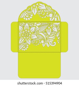 Lasercut vector wedding invitation template. Wedding invitation envelope with flowers for laser cutting. Lace gate folds.Laser cut vector.