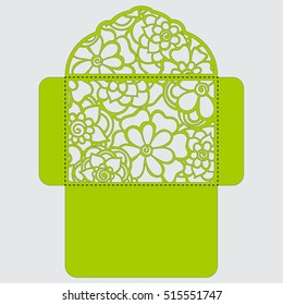 Lasercut vector wedding invitation template. Wedding invitation envelope with flowers for laser cutting. Lace gate folds.Laser cut vector.