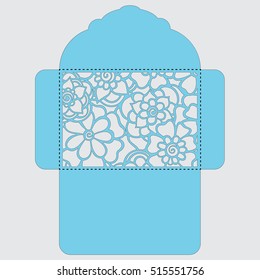 Lasercut vector wedding invitation template. Wedding invitation envelope with flowers for laser cutting. Lace gate folds.Laser cut vector.
