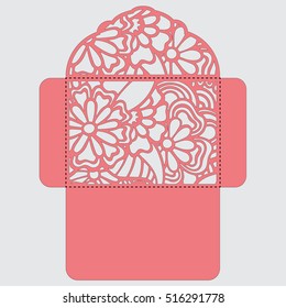 Lasercut vector wedding invitation template. Wedding invitation envelope with flowers for laser cutting. Lace gate folds.Laser cut vector.