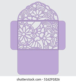 Lasercut vector wedding invitation template. Wedding invitation envelope with flowers for laser cutting. Lace gate folds.Laser cut vector.