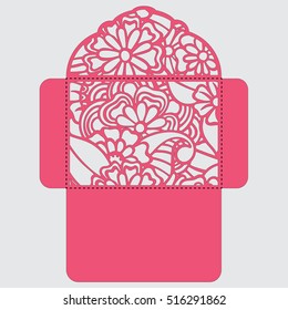 Lasercut vector wedding invitation template. Wedding invitation envelope with flowers for laser cutting. Lace gate folds.Laser cut vector.