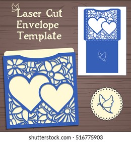 Lasercut vector wedding invitation template. Wedding invitation envelope with flowers for laser cutting. Lace gate folds.Laser cut vector.