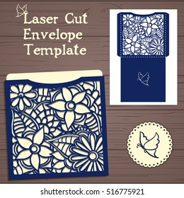 Lasercut vector wedding invitation template. Wedding invitation envelope with flowers for laser cutting. Lace gate folds.Laser cut vector.