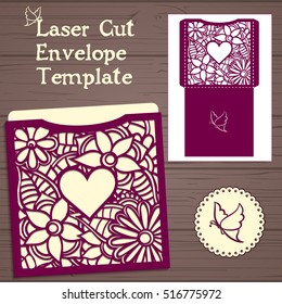 Lasercut vector wedding invitation template. Wedding invitation envelope with flowers for laser cutting. Lace gate folds.Laser cut vector.