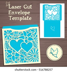 Lasercut vector wedding invitation template. Wedding invitation envelope with flowers for laser cutting. Lace gate folds.Laser cut vector.