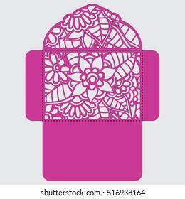 Lasercut vector wedding invitation template. Wedding invitation envelope with flowers for laser cutting. Lace gate folds.Laser cut vector.