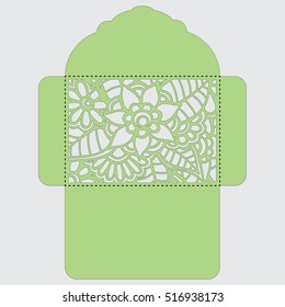 Lasercut vector wedding invitation template. Wedding invitation envelope with flowers for laser cutting. Lace gate folds.Laser cut vector.