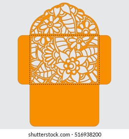 Lasercut vector wedding invitation template. Wedding invitation envelope with flowers for laser cutting. Lace gate folds.Laser cut vector.