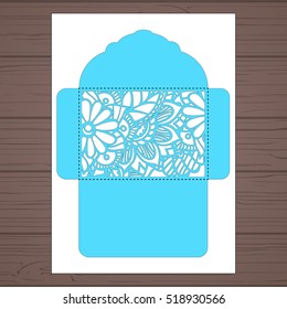 Lasercut vector wedding invitation template. Wedding invitation envelope with flowers for laser cutting. Lace gate folds.Laser cut vector.