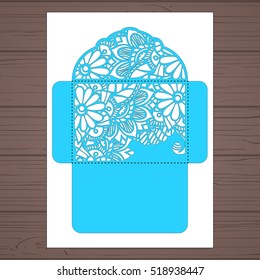 Lasercut vector wedding invitation template. Wedding invitation envelope with flowers for laser cutting. Lace gate folds.Laser cut vector.