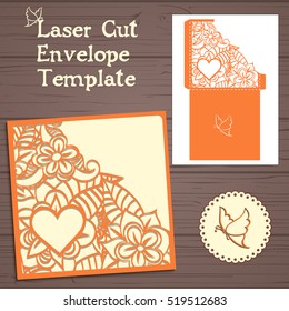 Lasercut vector wedding invitation template. Wedding invitation envelope with flowers for laser cutting. Lace gate folds.Laser cut vector.
