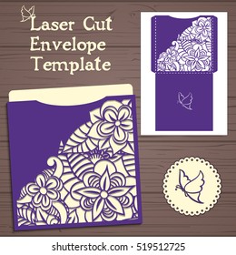 Lasercut vector wedding invitation template. Wedding invitation envelope with flowers for laser cutting. Lace gate folds.Laser cut vector.