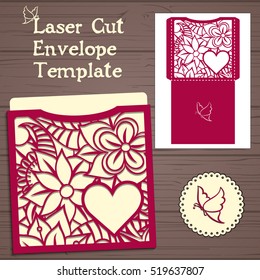 Lasercut vector wedding invitation template. Wedding invitation envelope with flowers for laser cutting. Lace gate folds.Laser cut vector.