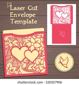 Lasercut vector wedding invitation template. Wedding invitation envelope with flowers for laser cutting. Lace gate folds.Laser cut vector.