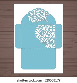 Lasercut vector wedding invitation template. Wedding invitation envelope with flowers for laser cutting. Lace gate folds.Laser cut vector.