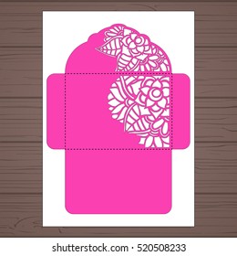 Lasercut vector wedding invitation template. Wedding invitation envelope with flowers for laser cutting. Lace gate folds.Laser cut vector.