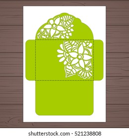 Lasercut vector wedding invitation template. Wedding invitation envelope with flowers for laser cutting. Lace gate folds.Laser cut vector.