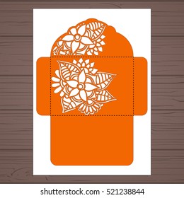 Lasercut vector wedding invitation template. Wedding invitation envelope with flowers for laser cutting. Lace gate folds.Laser cut vector.