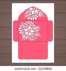 Lasercut vector wedding invitation template. Wedding invitation envelope with flowers for laser cutting. Lace gate folds.Laser cut vector.