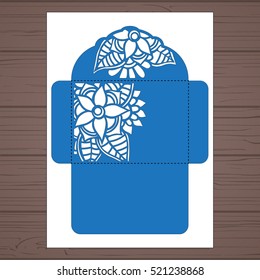 Lasercut vector wedding invitation template. Wedding invitation envelope with flowers for laser cutting. Lace gate folds.Laser cut vector.