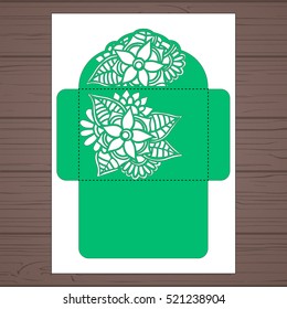 Lasercut vector wedding invitation template. Wedding invitation envelope with flowers for laser cutting. Lace gate folds.Laser cut vector.