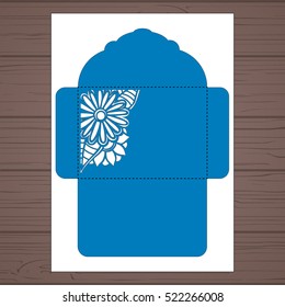 Lasercut vector wedding invitation template. Wedding invitation envelope with flowers for laser cutting. Lace gate folds.Laser cut vector.