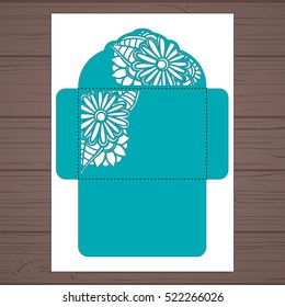 Lasercut vector wedding invitation template. Wedding invitation envelope with flowers for laser cutting. Lace gate folds.Laser cut vector.