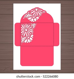 Lasercut vector wedding invitation template. Wedding invitation envelope with flowers for laser cutting. Lace gate folds.Laser cut vector.