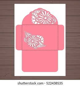 Lasercut vector wedding invitation template. Wedding invitation envelope with flowers for laser cutting. Lace gate folds.Laser cut vector.
