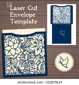 Lasercut vector wedding invitation template. Wedding invitation envelope with flowers for laser cutting. 