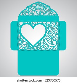 Lasercut vector wedding invitation template. Wedding invitation envelope with flowers for laser cutting. Lace gate folds.Laser cut vector.