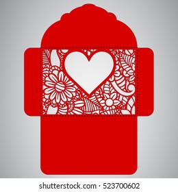 Lasercut vector wedding invitation template. Wedding invitation envelope with flowers for laser cutting. Lace gate folds.Laser cut vector.