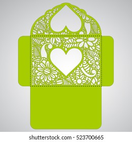 Lasercut vector wedding invitation template. Wedding invitation envelope with flowers for laser cutting. Lace gate folds.Laser cut vector.