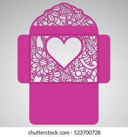 Lasercut vector wedding invitation template. Wedding invitation envelope with flowers for laser cutting. Lace gate folds.Laser cut vector.