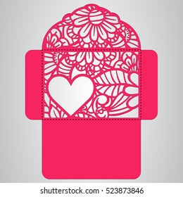 Lasercut vector wedding invitation template. Wedding invitation envelope with flowers for laser cutting. Lace gate folds.Laser cut vector.