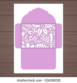 Lasercut vector wedding invitation template. Wedding invitation envelope with flowers for laser cutting. Lace gate folds.Laser cut vector.