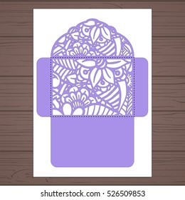 Lasercut vector wedding invitation template. Wedding invitation envelope with flowers for laser cutting. Lace gate folds.Laser cut vector.