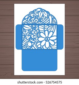 Lasercut vector wedding invitation template. Wedding invitation envelope with flowers for laser cutting. Lace gate folds.Laser cut vector