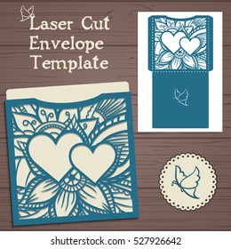 Lasercut vector wedding invitation template. Wedding invitation envelope with flowers for laser cutting. Lace gate folds.Laser cut vector.