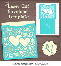 Lasercut vector wedding invitation template. Wedding invitation envelope with flowers for laser cutting. Lace gate folds.Laser cut vector.