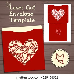Lasercut vector wedding invitation template. Wedding invitation envelope with flowers for laser cutting. Lace gate folds.Laser cut vector.