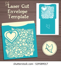 Lasercut vector wedding invitation template. Wedding invitation envelope with flowers for laser cutting. Lace gate folds.Laser cut vector.