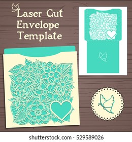 Lasercut vector wedding invitation template. Wedding invitation envelope with flowers for laser cutting. Lace gate folds.Laser cut vector.