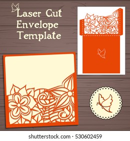 Lasercut vector wedding invitation template. Wedding invitation envelope with flowers for laser cutting. Lace gate folds.Laser cut vector.
